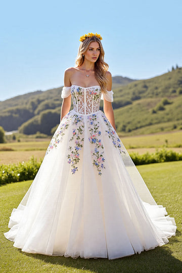Floral Off The Shoulder Ivory A Line Wedding Dress